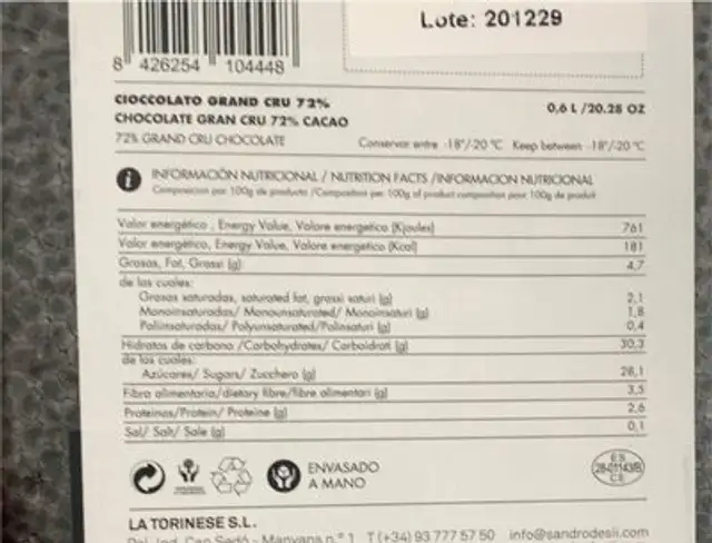Helado Chocolate Grand Cru 72% Cacao nutrition facts table