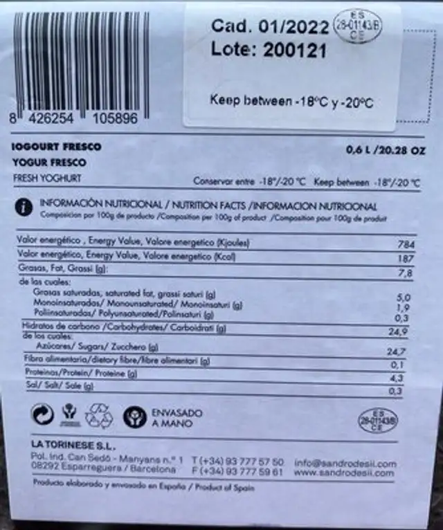 Helado Gourmet Iogourt Fresco nutrition facts table