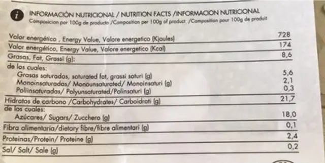 Nata fresca nutrition facts table