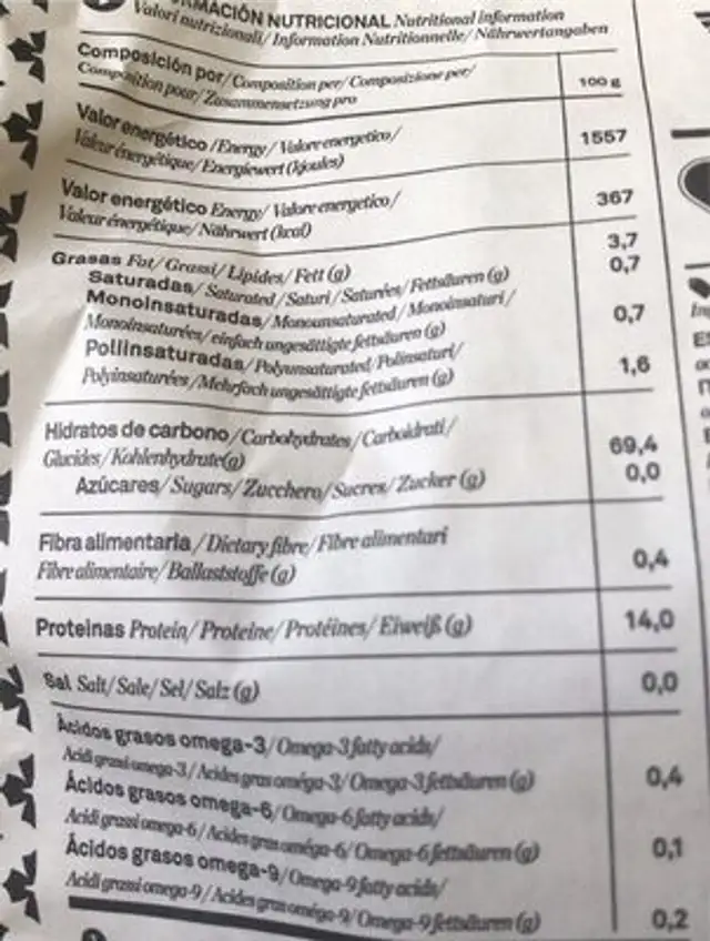 Pennette nutrition facts table