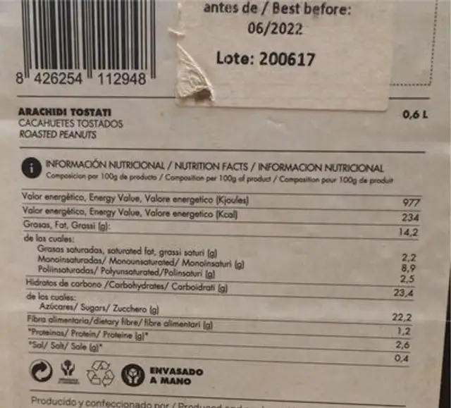 Arachidi tostati nutrition facts table