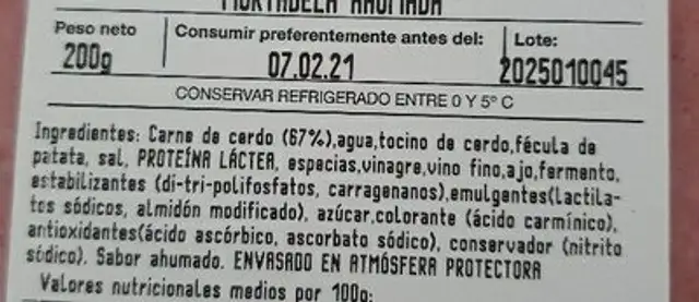 Mortadela ahumada ingredients label