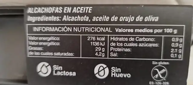 Alcachofas Confitadas nutrition facts table