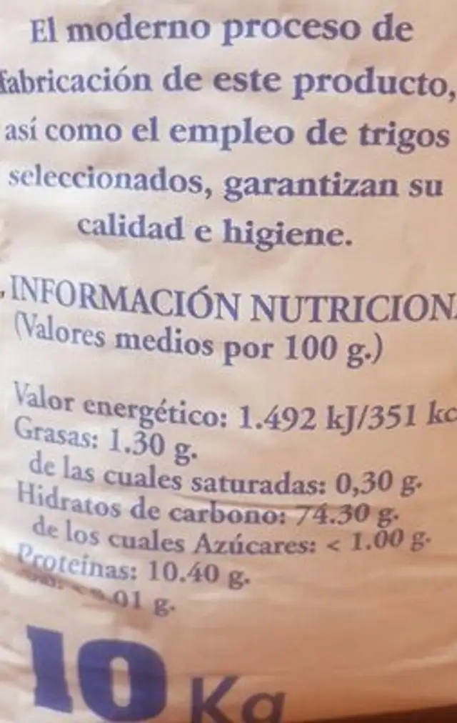 Harina de trigo nutrition facts table