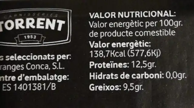 Ous de pagès nutrition facts table