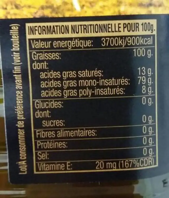 Huile d'olive vierge extra nutrition facts table