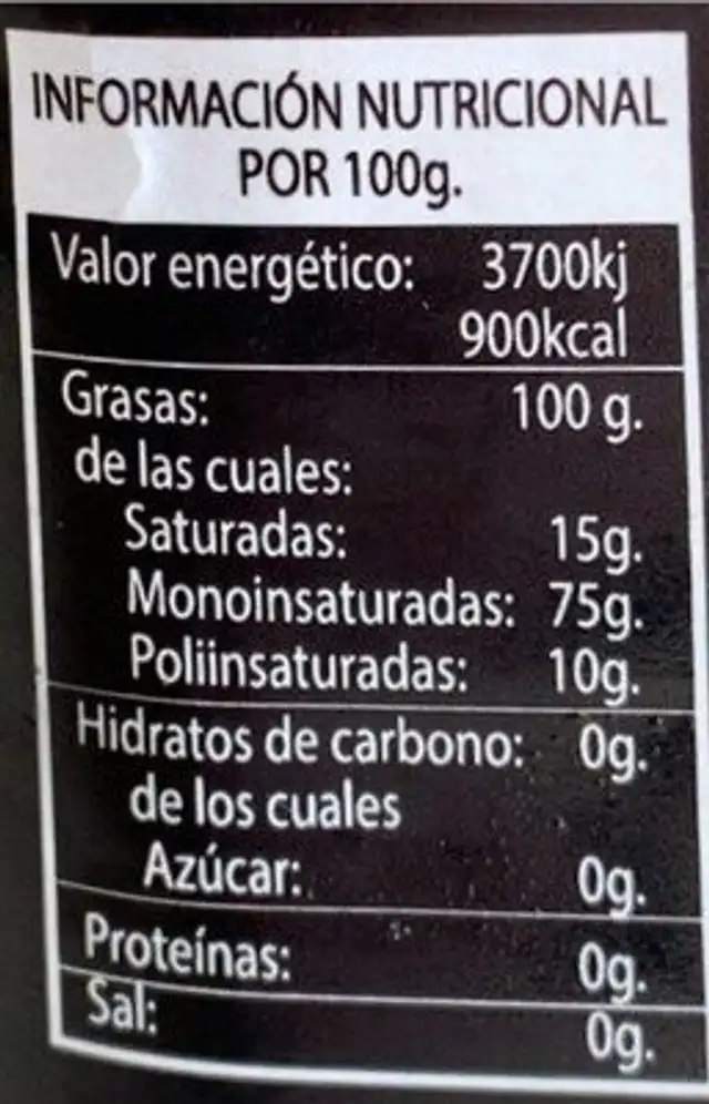 Aceite de oliva nutrition facts table