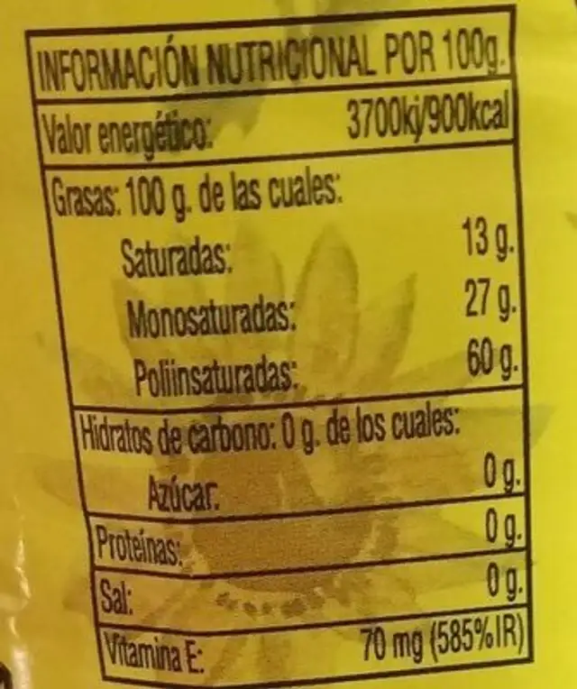 Aceite refinado de girasol nutrition facts table