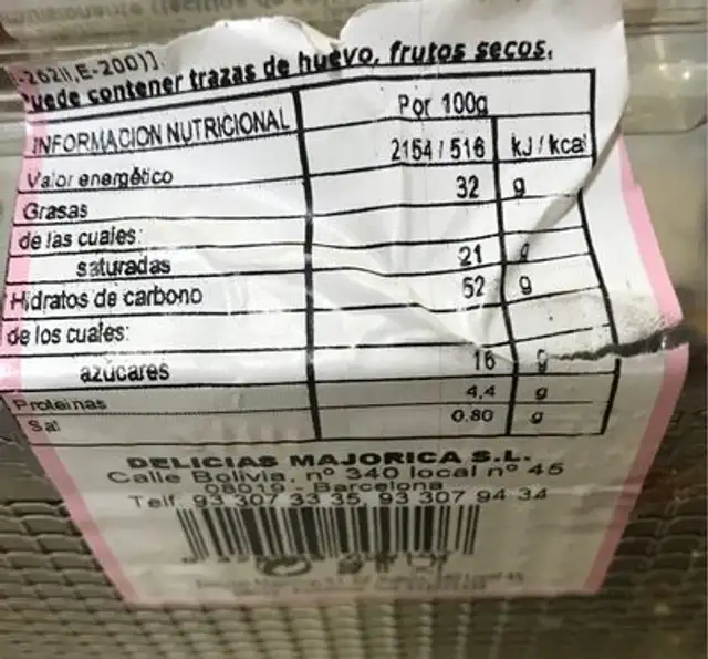 Croissant Bañado nutrition facts table