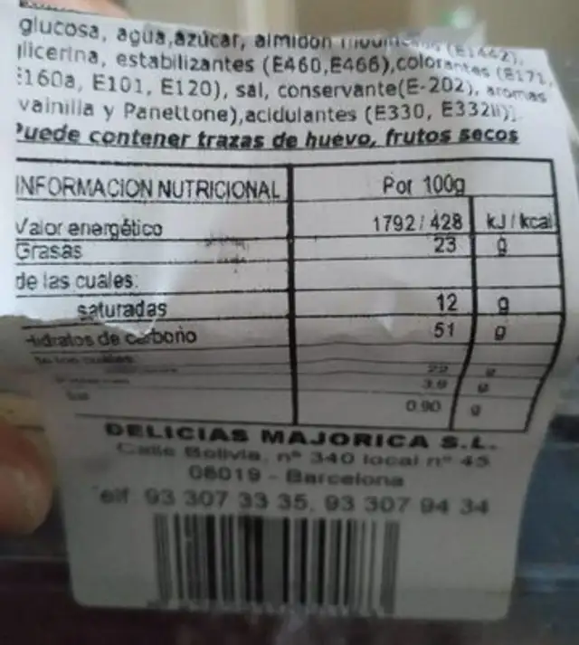 Xuxo bombón nutrition facts table