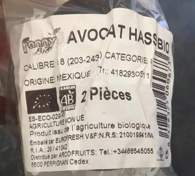 Avocat Hass Bio ingredients label
