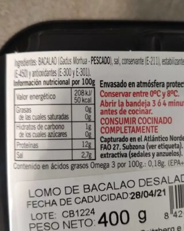 Bacalao nutrition facts table