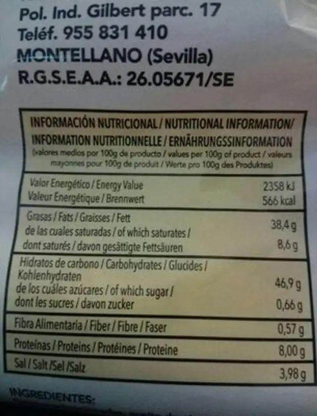 Patatas fritas nutrition facts table