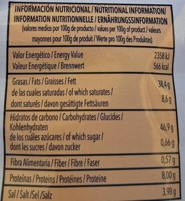Patatas Fritas nutrition facts table