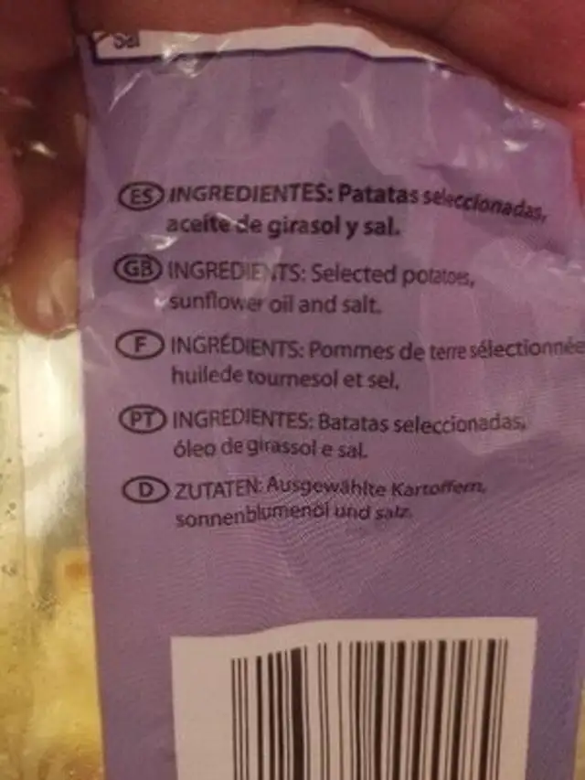 Patatas fritas artesanas ingredients label
