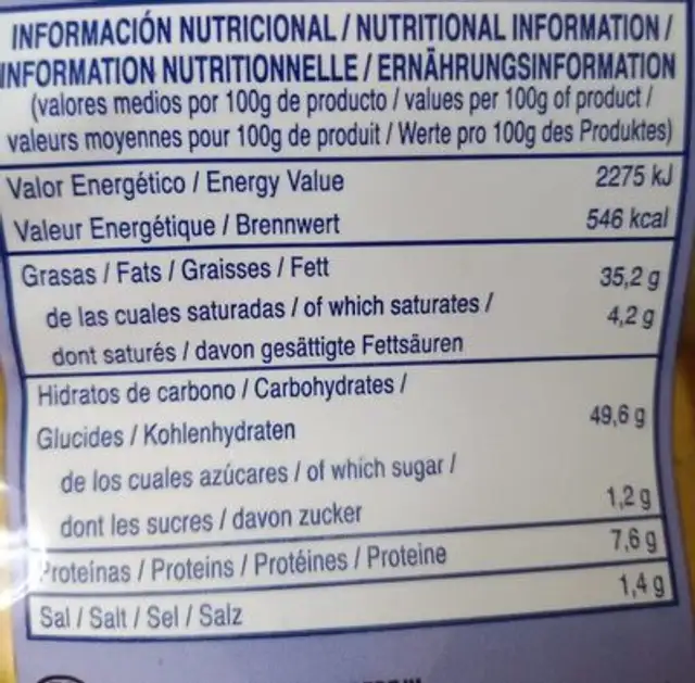 Patatas fritas artesanas nutrition facts table
