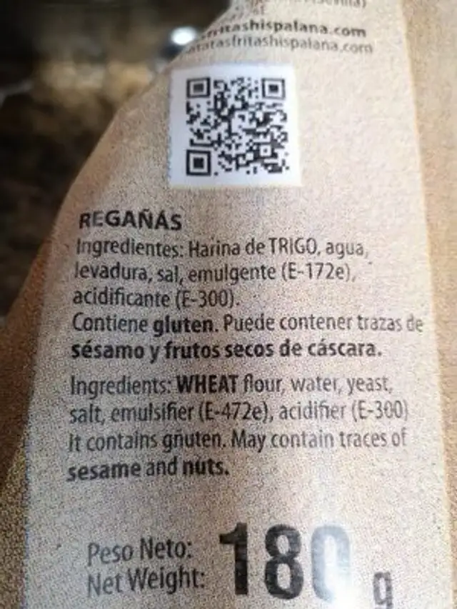 Regaña ingredients label