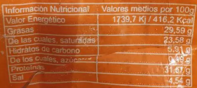 Salchichón de Bellota Iberico Extra nutrition facts table