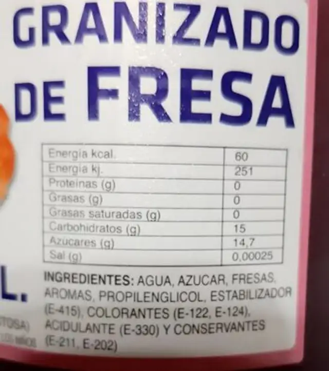 Granizado Nevada nutrition facts table