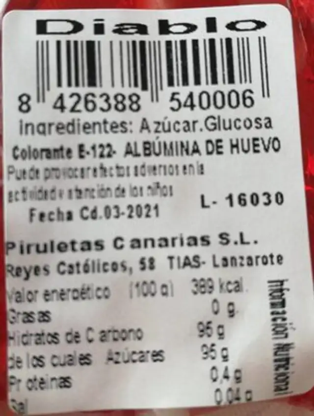 Piruleta diablo nutrition facts table