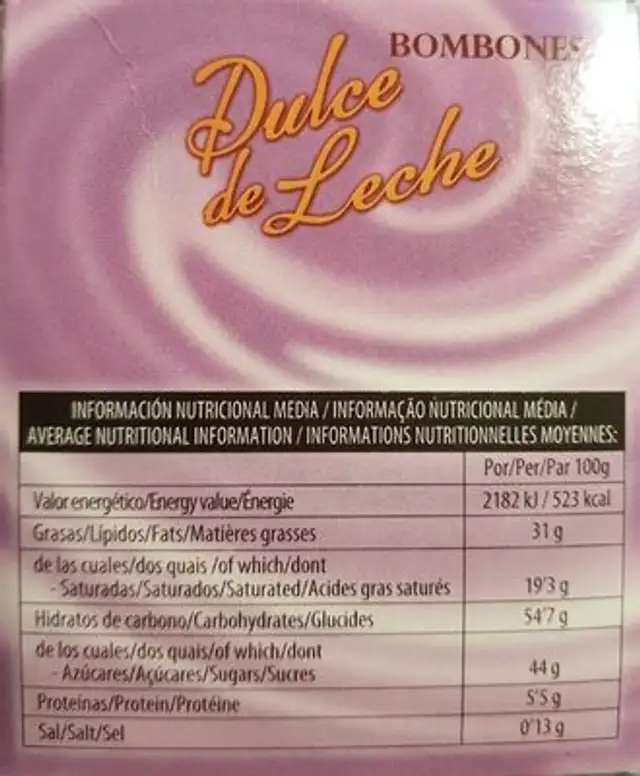 Bombones dulce de leche nutrition facts table