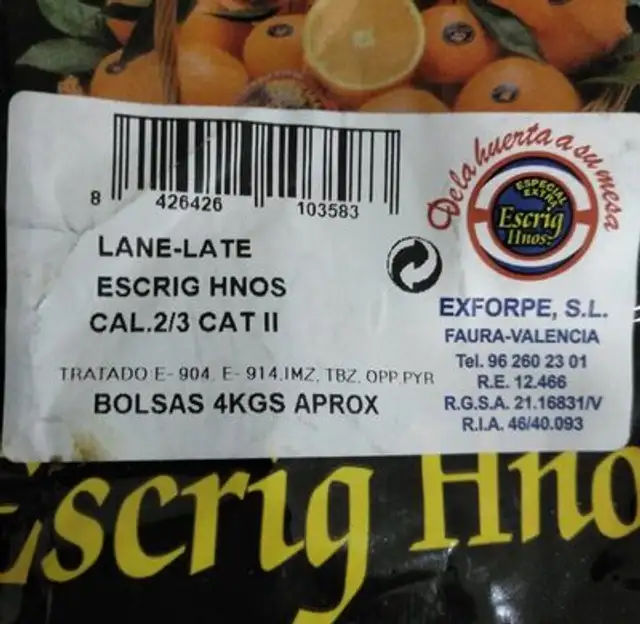 Naranjas nutrition facts table