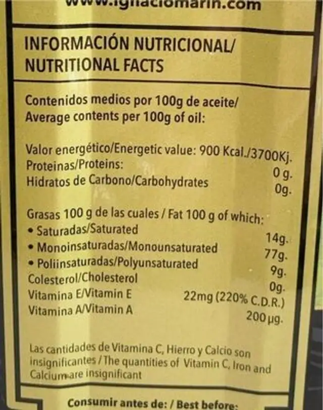 Aceite de oliva virgen extra nutrition facts table