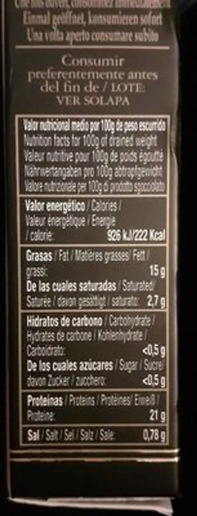 Sardinas nutrition facts table