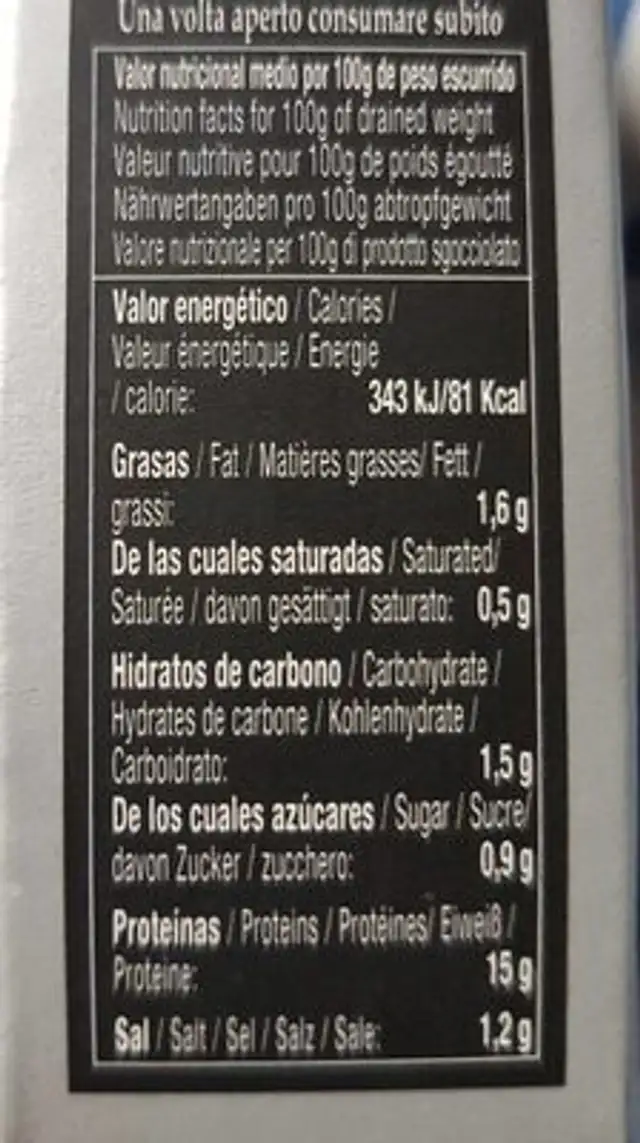 Berberechos al Natural nutrition facts table