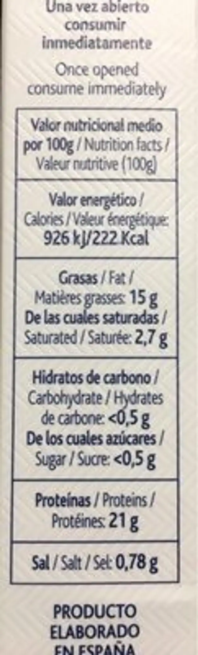 Sardinillas nutrition facts table