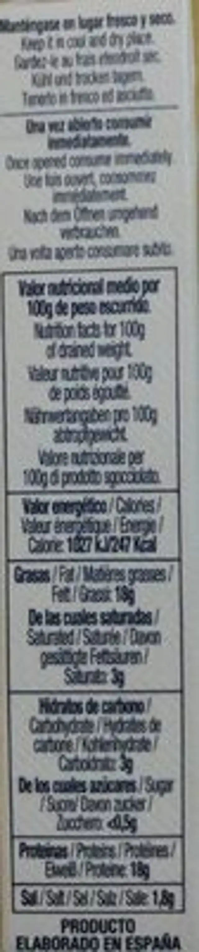 Pedro nutrition facts table