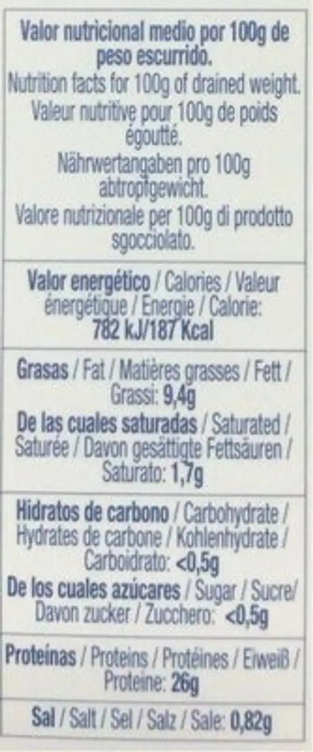 Suprema de ventresca de atún claro nutrition facts table
