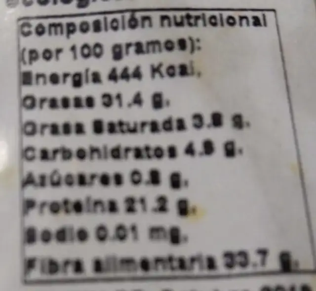 Semillas de chía bío nutrition facts table