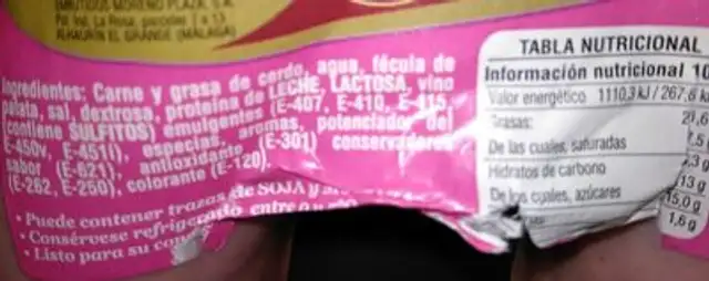 Butifarra nutrition facts table