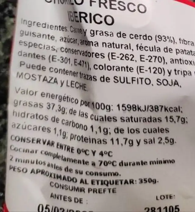 Chorizo fresco ibérico nutrition facts table