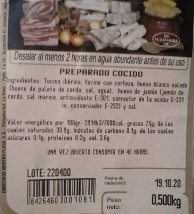 Preparado para cocido nutrition facts table