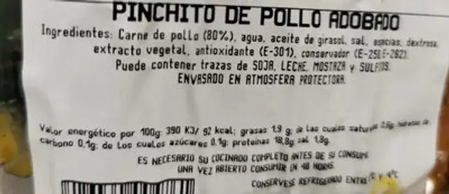 Pinchito de pollo adobado nutrition facts table