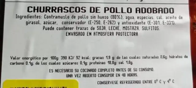 Churrasco de pollo adobado nutrition facts table