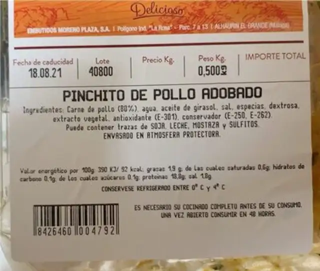 Pinchitos de pollo nutrition facts table