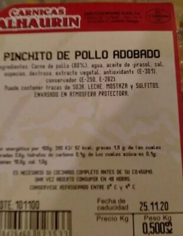 Pinchito de pollo adobado nutrition facts table