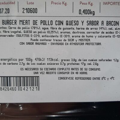 Burger meta de pollo con queso y sabor a bacon nutrition facts table