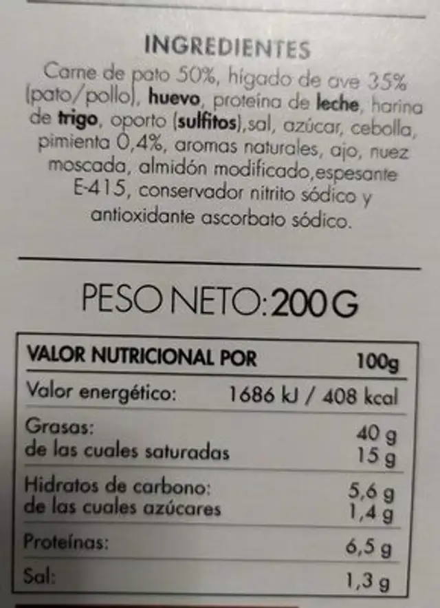 Mousse de pato a la pimienta nutrition facts table