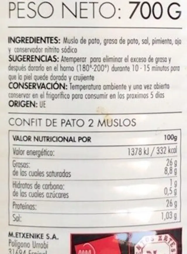 Confit de pato 2 muslos nutrition facts table