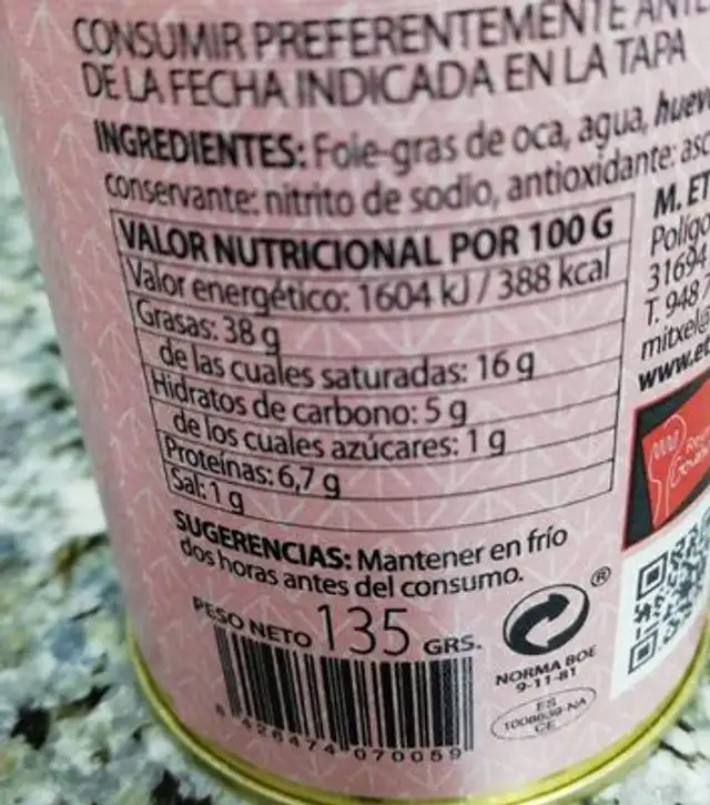 Bloc de foie-gras de oca nutrition facts table