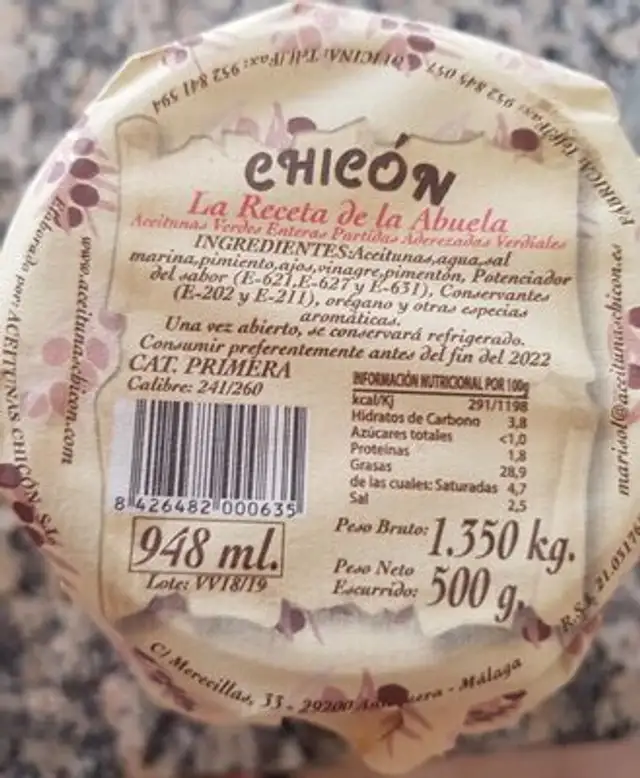 Aceitunas verdes Enteras partidas aderezadas verdiales nutrition facts table