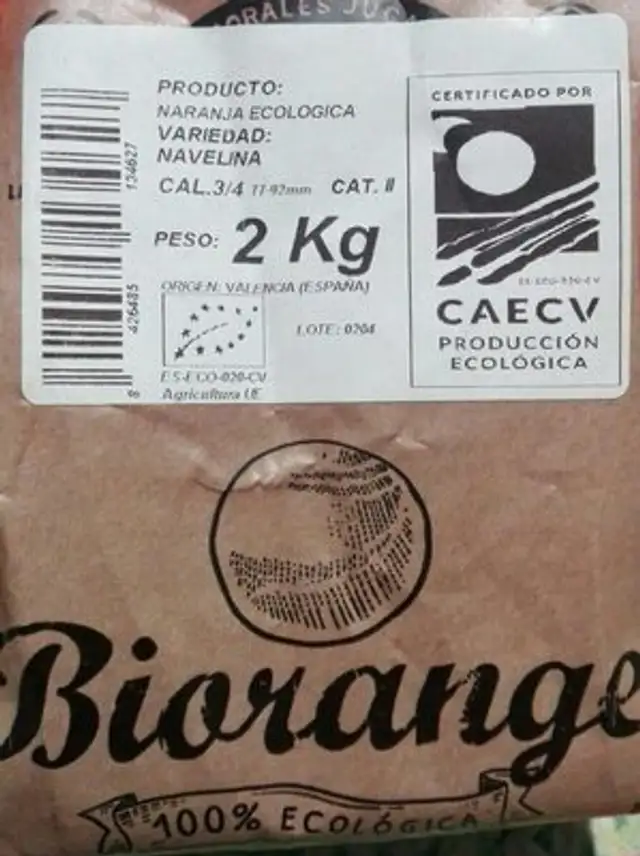 Naranja ecologica nutrition facts table