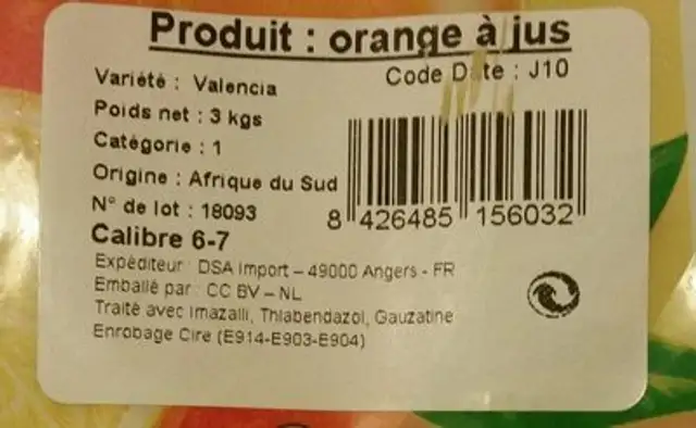 Oranges a jus ingredients label