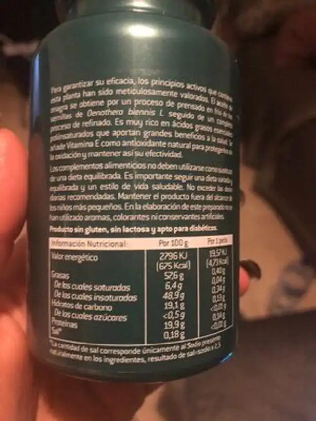 Aceite de Onagra y vitamina E ingredients label