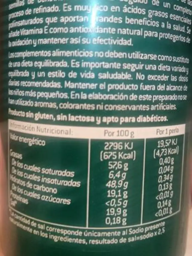 Aceite de Onagra y vitamina E nutrition facts table
