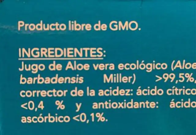 Aloe Vera Bio nutrition facts table